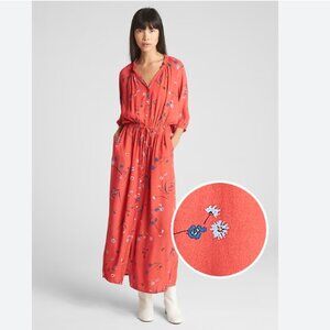 Gap Drapey Maxi Dress 3/4 Sleeve Red Floral Print Size L Tall